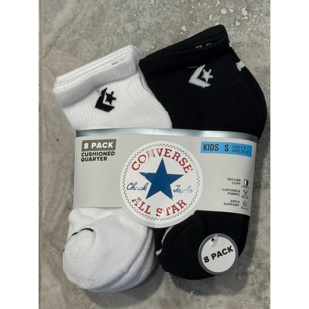 Unisex- Converse Kids 8-Pack Cushioned Quarter Socks - Black & White